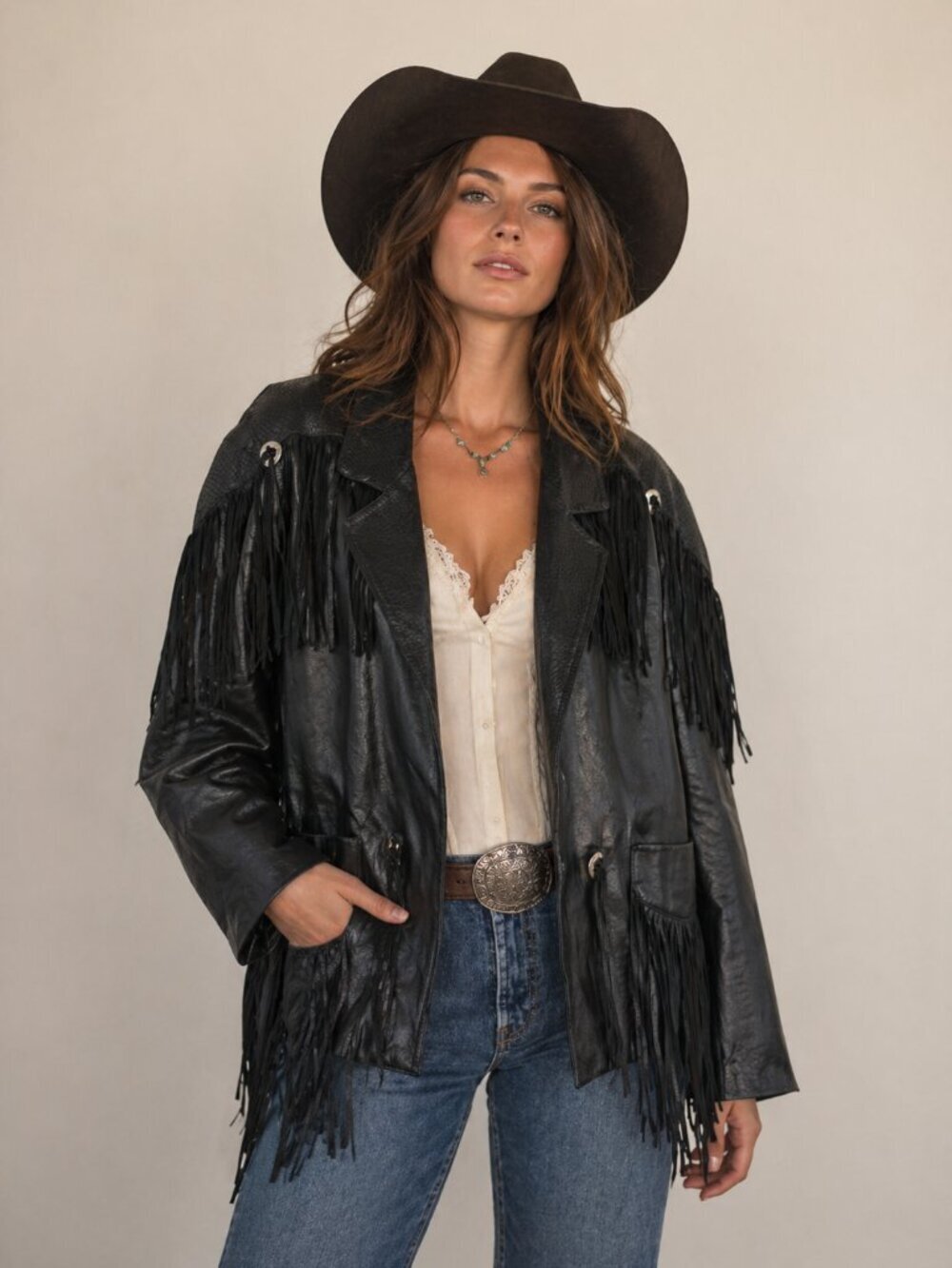 Vintage Black Leather Fringe Jacket